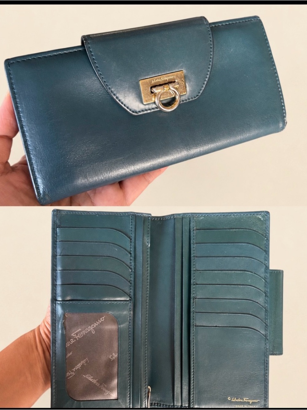 Salvatore Ferragamo PEACOCK Teal Leather Continental Wallet EUC